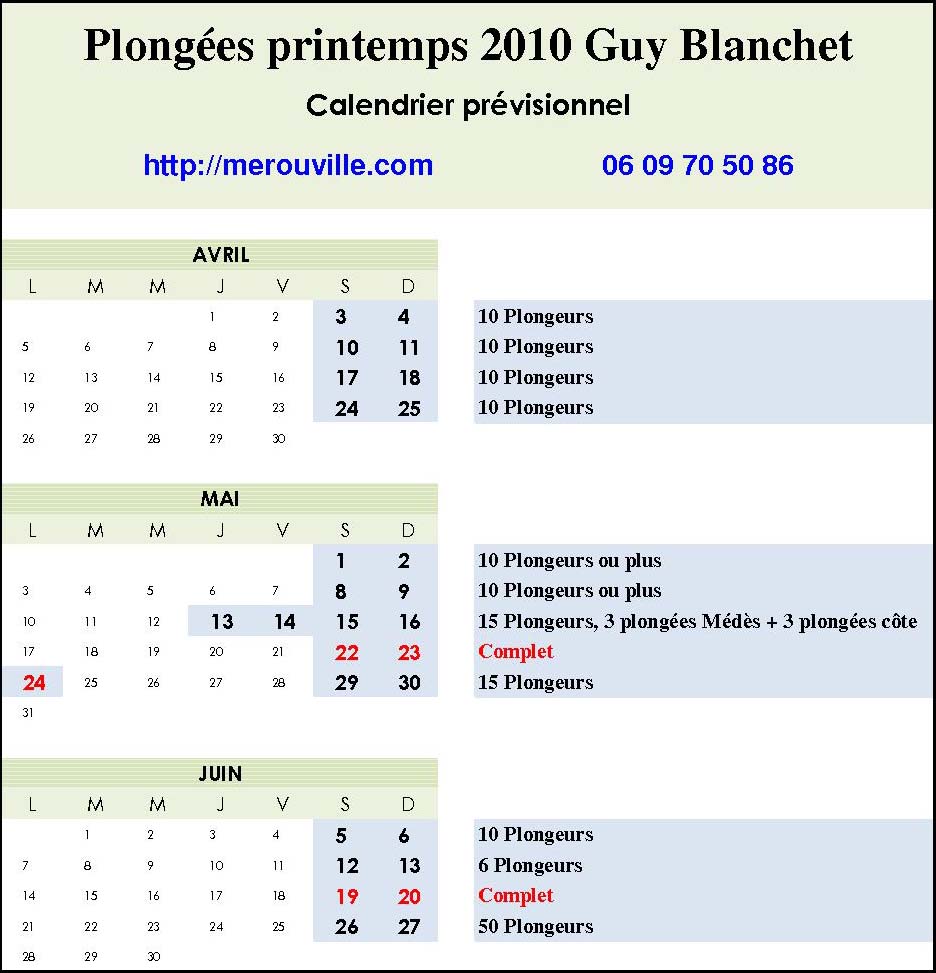 Calendrier printemps 2010 - Plongées à L'Estartit avec Guy Blanchet, Ecole de plongée - Toulouse - Estartit